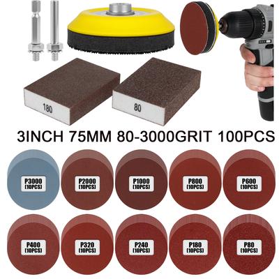 100 Stück 3 Zoll 75 mm Schleifscheiben Pad mit 2 Stück Schleifschwamm Polierblöcken 80-3000 Körnung für Bohrer Schleifer Rotationswerkzeuge Aufsatz