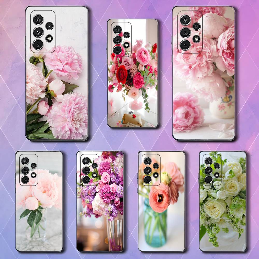 Elegant Pink Flower Peony For Samsung Galaxy S25 S24 S23 Ultra S22 S21 Plus S20 Black Soft Silicone Protective Case