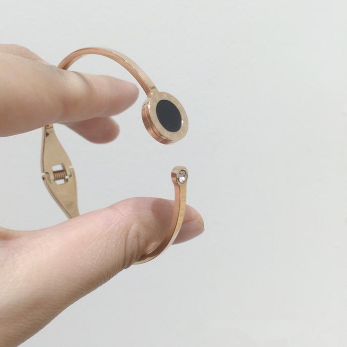 European American Retro Roman Numeral Rose Gold Titanium Steel Open Cuff Bracelet with Rhinestones - Women's Simple Korean Style