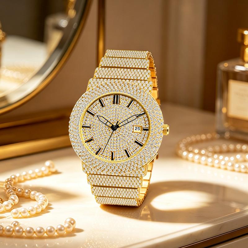 Damen Strass Uhren Hip Hop Stil Diamantbesetzte Quarz Armbanduhr Wasserdichte Schmuckuhr für Sie