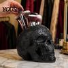 Vintage Vine Embossed Crafts Halloween Skull Makeup Brush Holder, Matte Black Gothic Skeleton Pen Organizer Resin Cup for Desk, Storage Figurine