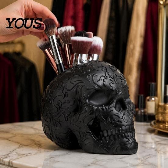 Vintage Vine Embossed Crafts Halloween Skull Makeup Brush Holder, Matte Black Gothic Skeleton Pen Organizer Resin Cup for Desk, Storage Figurine