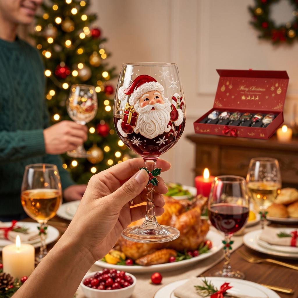 Christmas Stemmed Glasses, Glass Holiday Drinkware Gift Box Set for Festive Entertaining