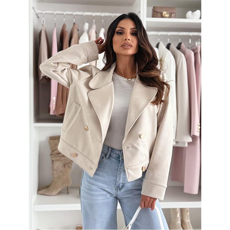 

2025 Loose Autumn Winter Women Cropped Jackets Fashion Chic Lapel Short Coat Solid Color Outwear Elegant Vintage Casual Clothing 2XL абрикосовий