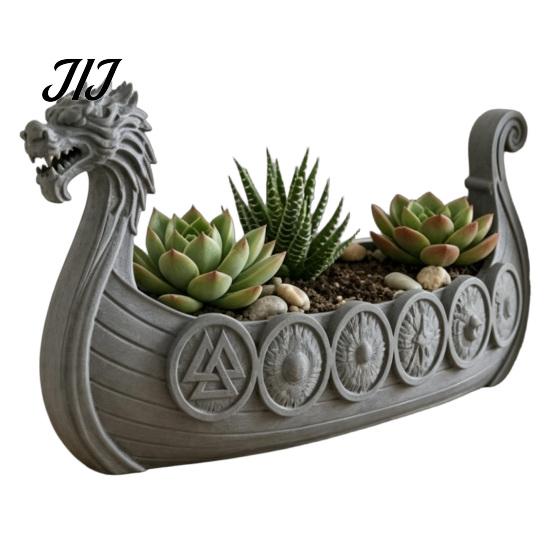 Resin Decorative Plant Pot Viking Longship Planter Pot, Dragon Boat Indoor Holder for Cacti Creative Air Plants, Rustic Nordic Ship Container