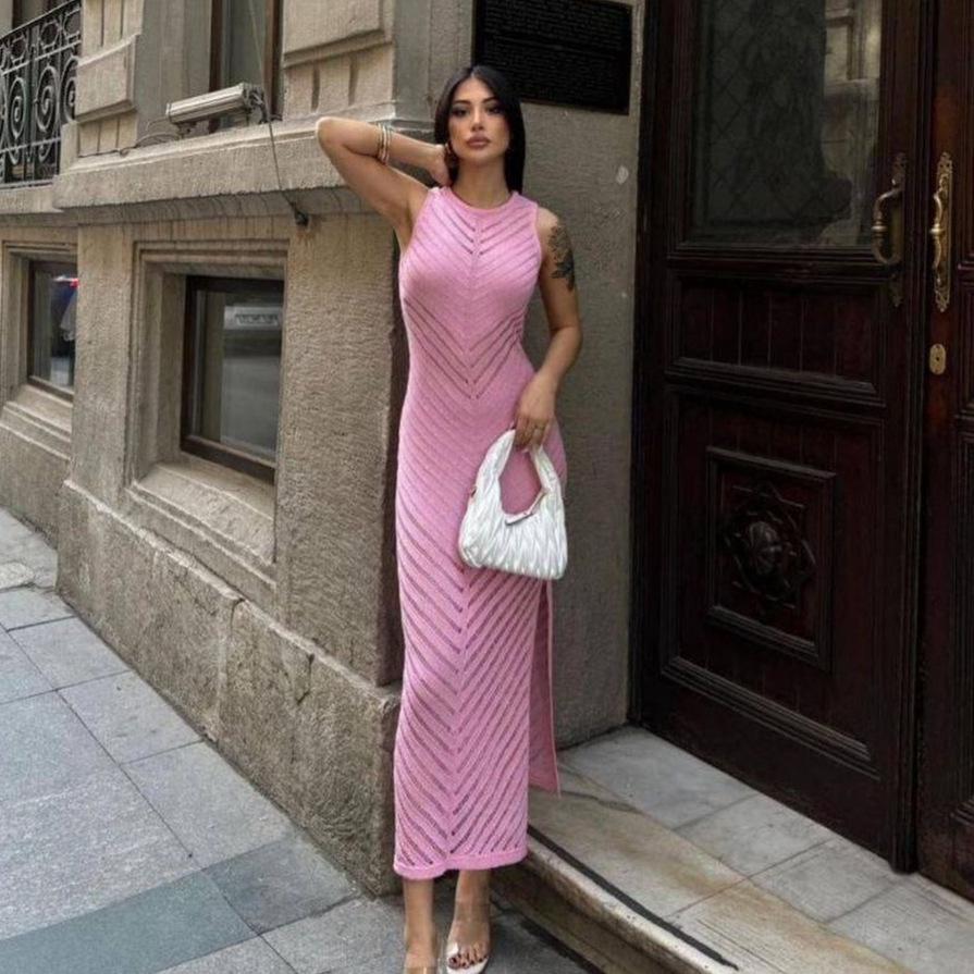 2024 Herbst Damen Einfarbig Durchsichtig Rundhals Sexy Bodycon Kleid