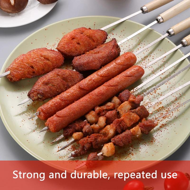 50pcs Heavy Duty BBQ Skewers, Wood Handle & 304 Stainless Steel, Reusable Grilling Accessories - No Burn Hands