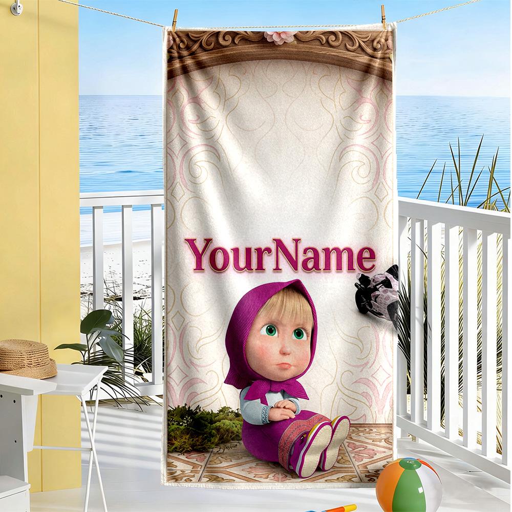 Masha Bear Customizable Name Beach Towel Soft Durable Quick-Dry Ideal for Travel Outdoor Swim Pool Yoga Surf Camping Hiking Gym Gift Holiday