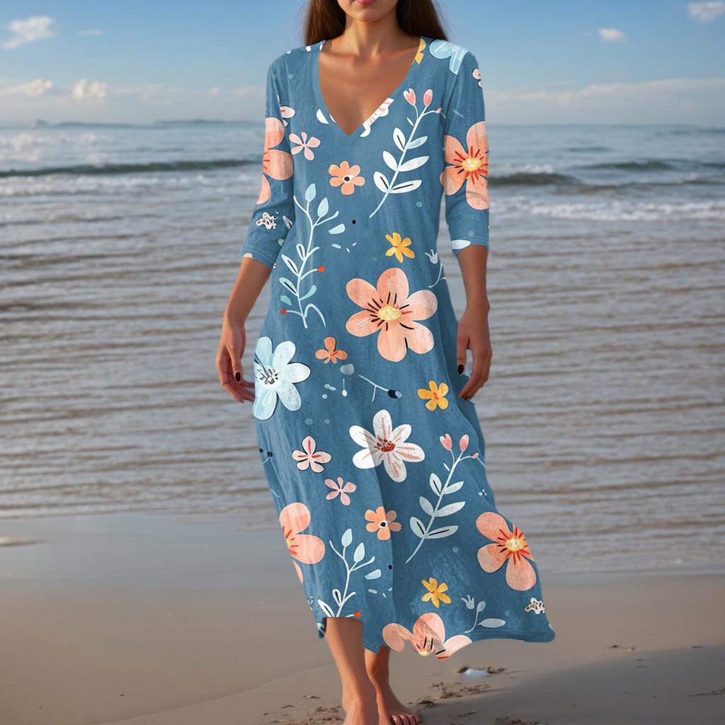 Women's Vintage Print Tunic Waisted Midi Dress Summer Casual 3/4 Sleeve Dress Dress