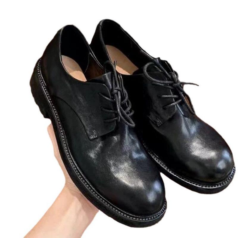 Washed Horse Leather~ Genuine Leather Retro British Lace-up Small Leather Shoes Women's Autumn and Winter New Derby Thick Heel Single Shoes