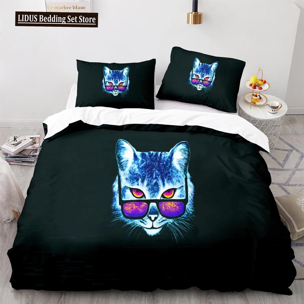 Cat Duvet Cover Set King Size Cute Cats Pattern Bedding Set Decorative Animal Polyester Comforter Cover With Pillowcases For Kid