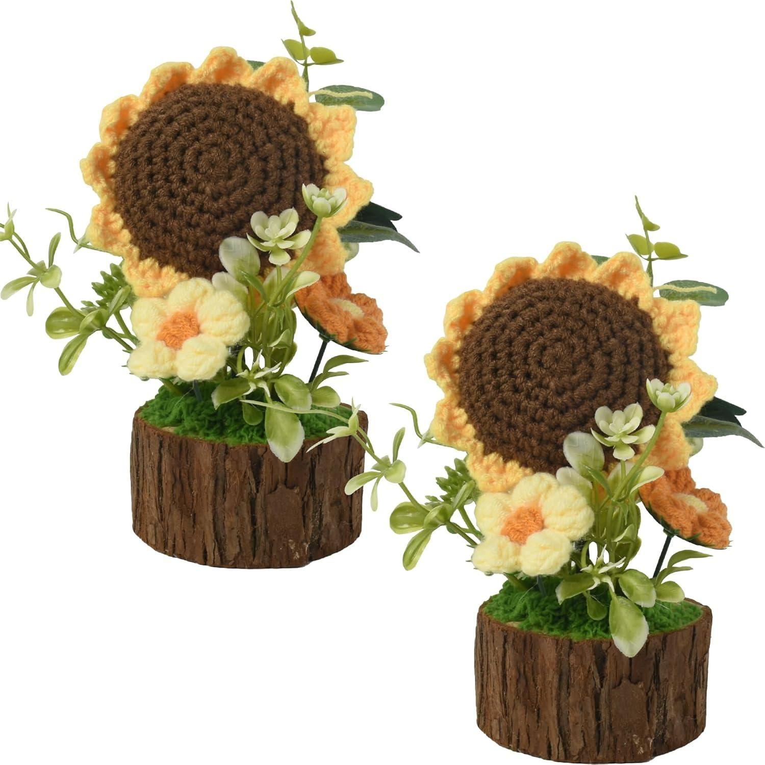 

Handmade Knitted Sunflowers with Wooden Pot Crocheted Flower Plants Artificial Sunflower for Valentines Day Desktop Decorations B2