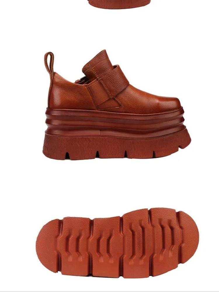 Johnature Platform Shoes Vintage Genuine Leather High Heels Women's Shoes Lightweight Height Increasing Shoes