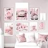 Pink Rose Paris Tower Posters and Prints Vintage Car Macaron Cake Wall Art Canvas Painting Wall Pictures for Living Room Decor
