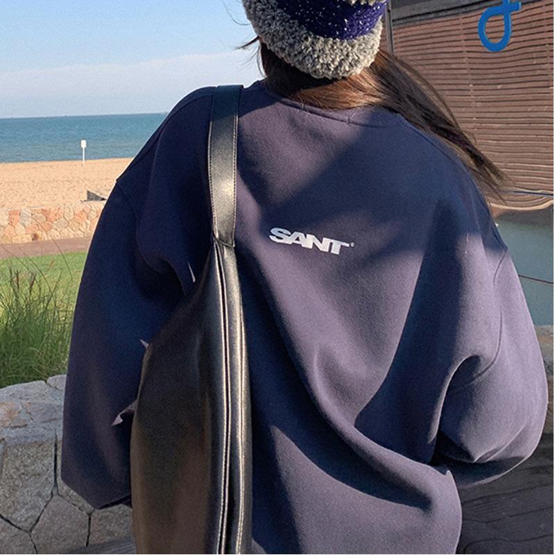 Флисовый свободный повседневный свитер женский осенне-зимнее пальто винтажный с круглым вырезом с длинным рукавом базовая футболка корейская женская одежда XXL тёмно-синий 1860₽