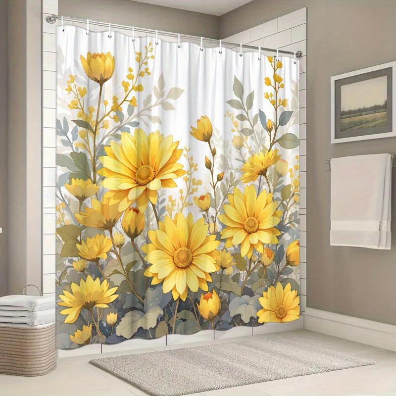 Vibrant Yellow Daisy Floral Shower Curtain with Green Foliage - Polyester Fabric, Realistic Botanical Design, Includes 12 Hooks