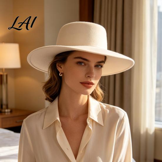 Polyester Warm Winter Cap Flat Top Fedora Hat Wool Blend Derby Cap Retro Jazz Elegant Headwear Wide Brim Felt Hat for Women Events & Daily