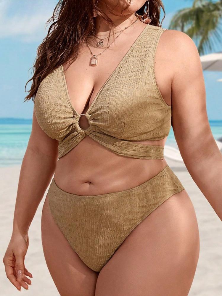2024 Solid 3 Piece High Waist Skirt Plus Size Bikini Set Women Strapped Push Up Big Swimsuit Hollow Chubby Bathing Suit