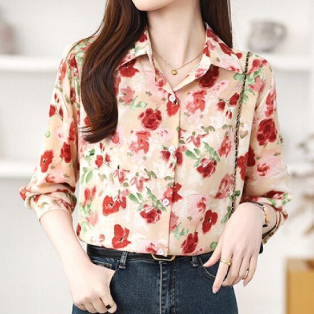 Navava Unisex Vintage Flower Pattern Long Sleeve Collar Shirt Nb2291