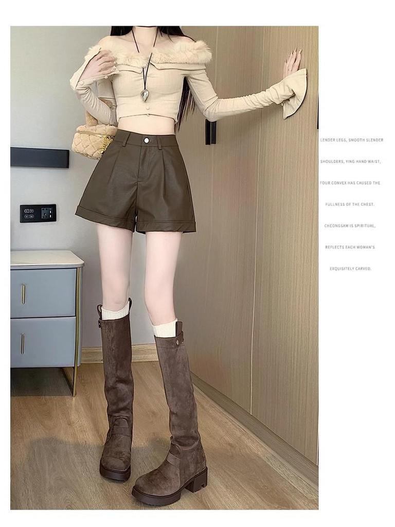 Women's High Waist PU Leather Shorts: Slim, Casual, Wide-Leg Design for Spring, Autumn, and Winter.