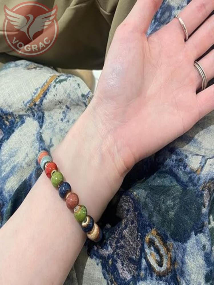 VOGRAC Colorful Ceramic Beads Strand Stretch Bracelet, Handmade ceramic bead bracelet,Shapes Elastic Hand Chain for Women