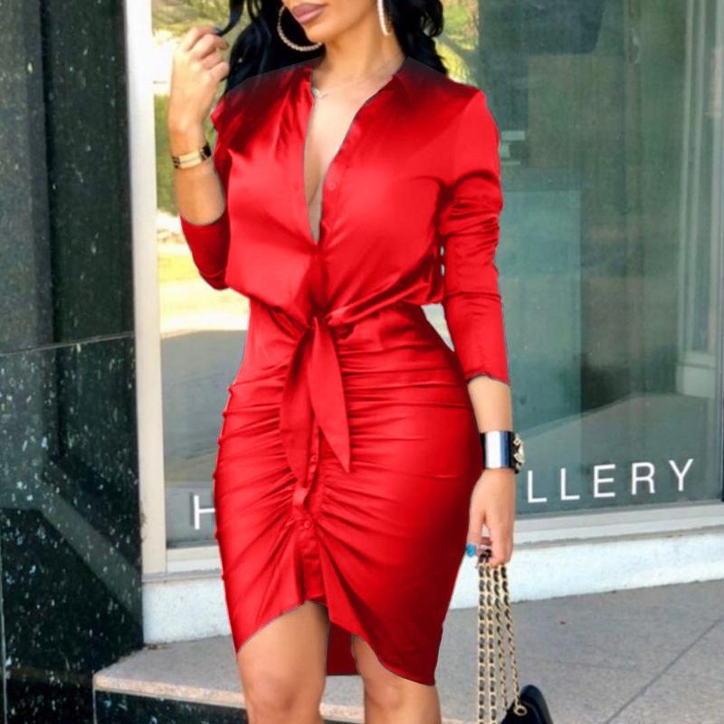 BITCED Women's Summer V-Neck Tie Solid Colour Long Sleeve Mid-Length Shirt Dresses
