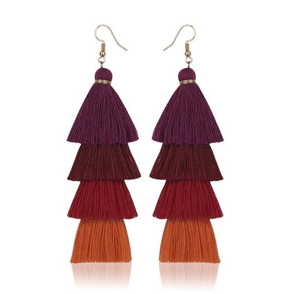 Bohemian Fringe Long Gradient Multilayer Drop Earrings Women Silk Fabric Ethnic Tassel Earring
