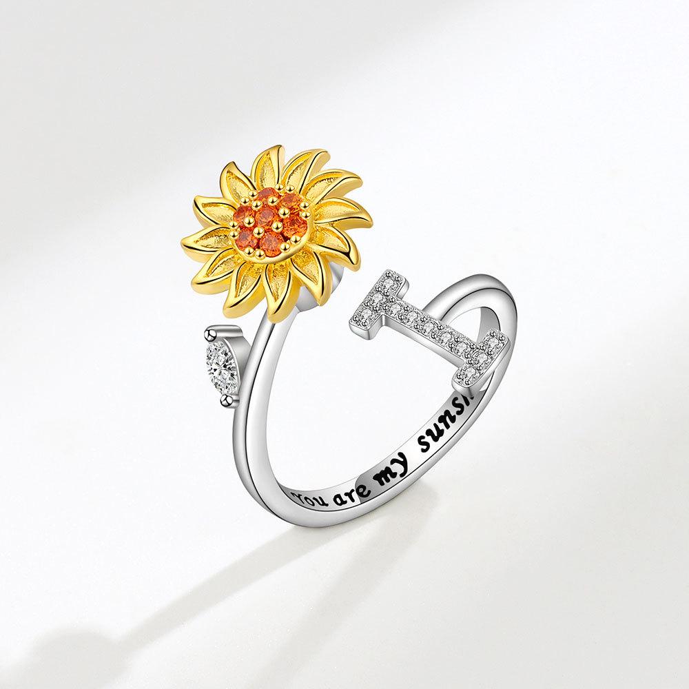 Creative Sunflower Rotating Ring 26 Letters Adjustable Open Design Women's Fashion Finger Jewelry Daily Wear & Gift Accessories