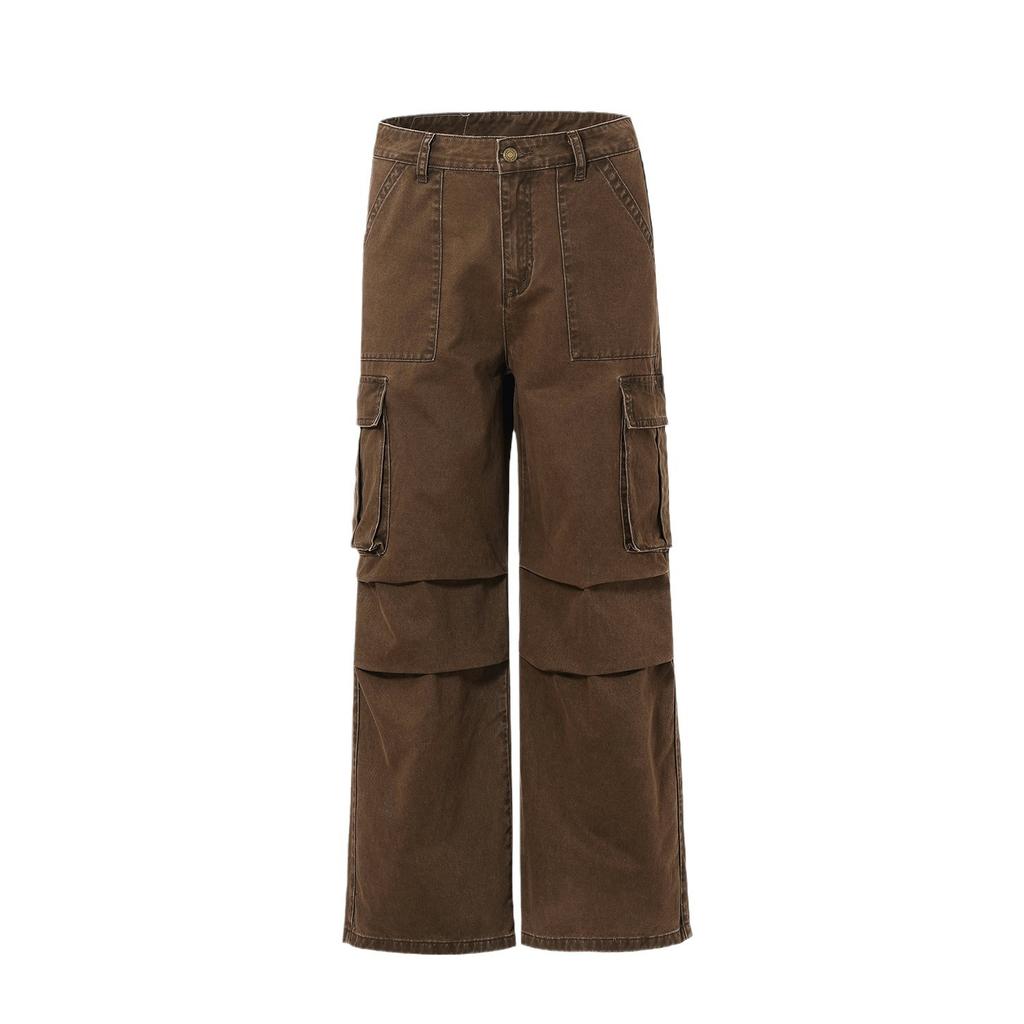 Pure Cotton Maillard Paratrooper Working Pants Men's Loose Straight Pulls, Wrinkled Design Jeans