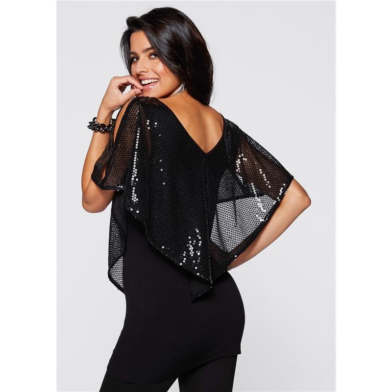 European And American Style Sequin V Neck Spliced Cotton Sexy V Neck Shawl Sleeve T-shirt Versatile Top Fashionable Women's T-shirt
