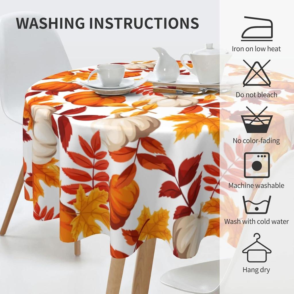Fall Round Tablecloth 60 Inch Thanksgiving Harvest Autumn Pumpkin Fallen Leaves Maple Leaf Print Decorative Table Cloth Holiday Decorations Seasonal