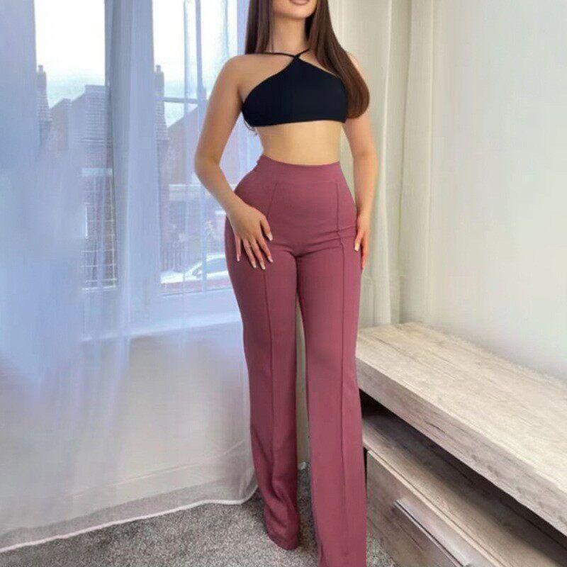 

and American Women s Clothing Cross-Border Amazon Best-Selling Casual Pants New Fashion Slim Fit Flared Versatile High-Waisted Wide-Leg Trousers Pink XL
