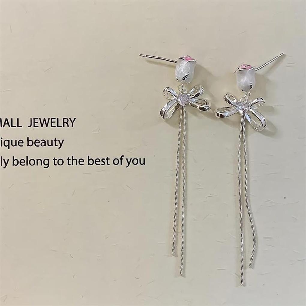 

Women s Silver 925 Tulip Ribbon Long Tassel Earrings flower ribbon