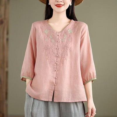 Vintage Shirts Summer Embroidery Floral Blouse Women Casual 3/4 Sleeve Work Blusas Loose Chemise Buttons Tops