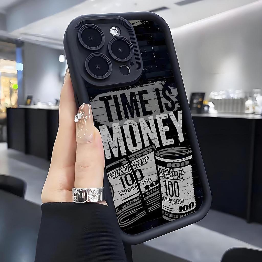 Zeit ist Geld: Schwarze Rillen-iPhone 15/16/17 Hülle mit Diamantsand und Augenmuster