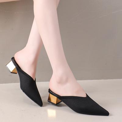Summer Autumn Popular Woman Fashion Pointed Toe Knitted Elastic Retro Wrap Head Half Slippers Versatile Thick Heel Cool Slippers