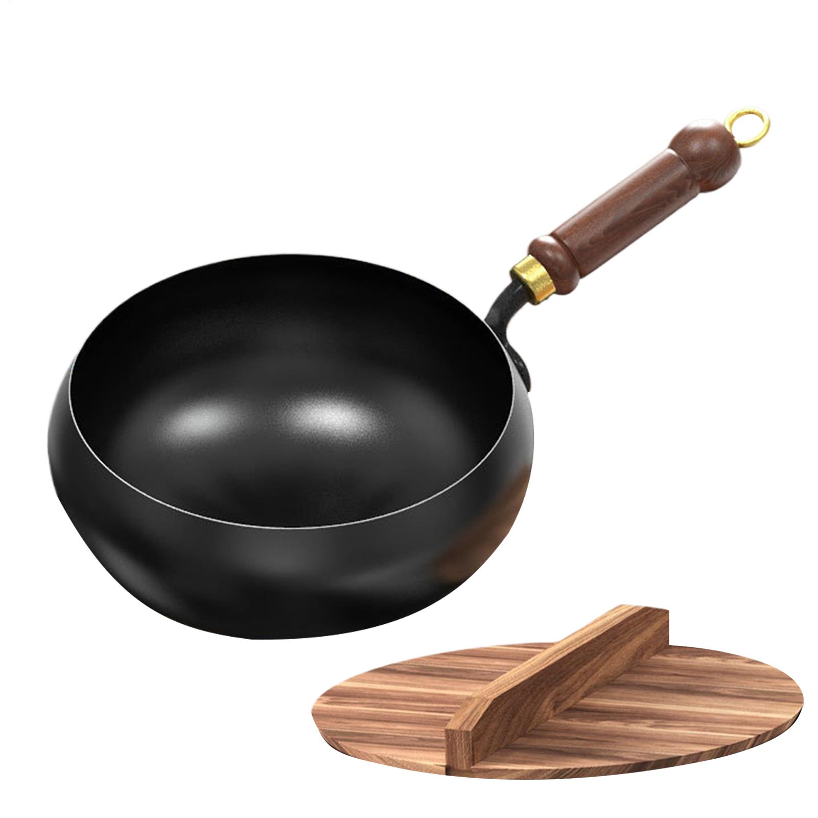 Iron Uncoated Chinese Wok Big Belly Pot Deepened Non-stick Pot Flat Bottom Uncoated Non-stick Home Iron Skillet With Wooden Lid 24cm