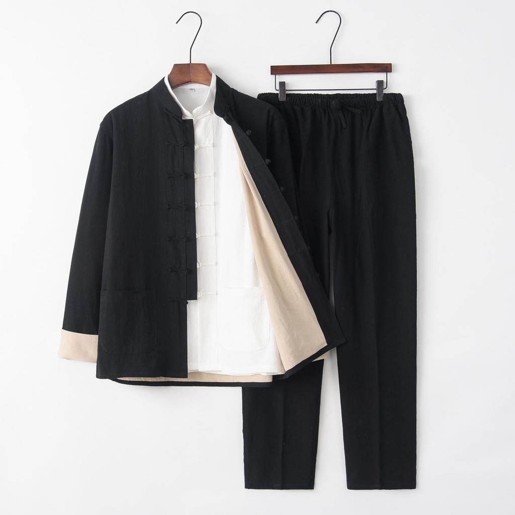 Men's Chinese Tang Suit: Cotton Linen Three-Piece Set with Stand Collar - Zen Meditation Outfit for Spring and Autumn