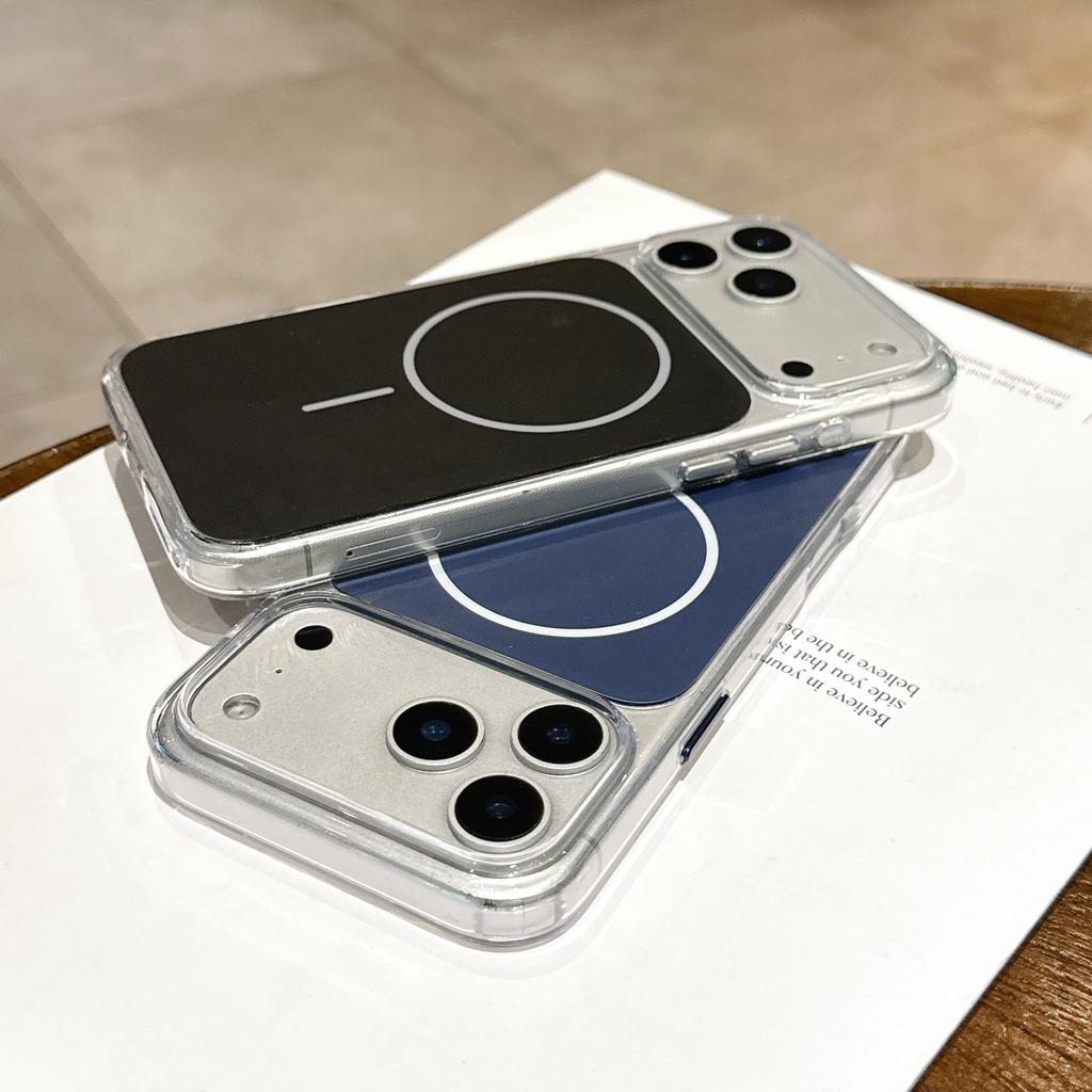 iPhone 17 Air 17 Pro Max 16Pro 15 14 Pro için Metal Düğmeli Şeffaf Manyetik Telefon Kılıfı Magsafe Şeffaf Kablosuz Şarj Sert Koruyucu Kapak