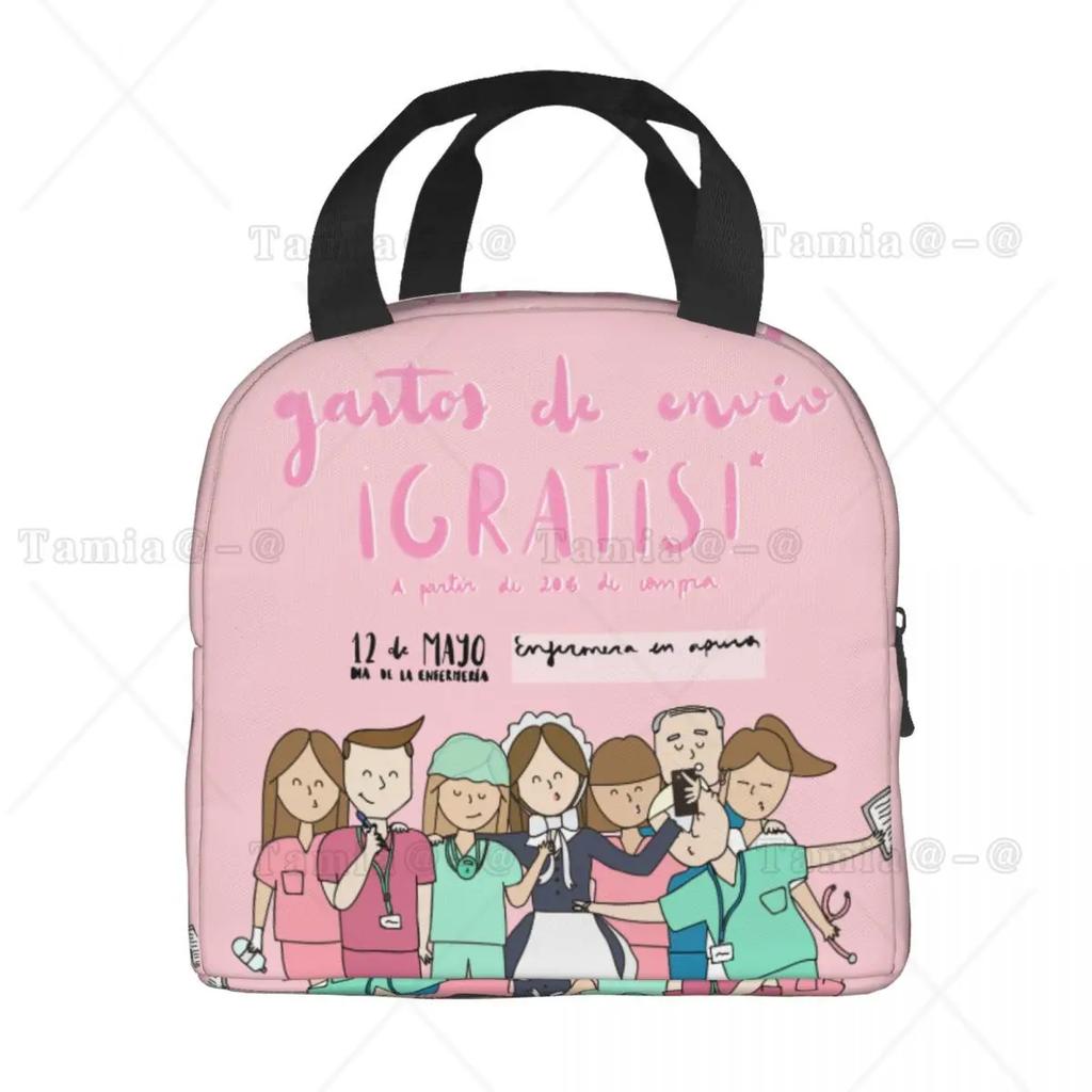 Cartoon Ladies Nurse Printed Lunch Bag for Women No Paro De Doblar Enfermera En Apuros Insulated Cooler Oxford Food Tote Bags