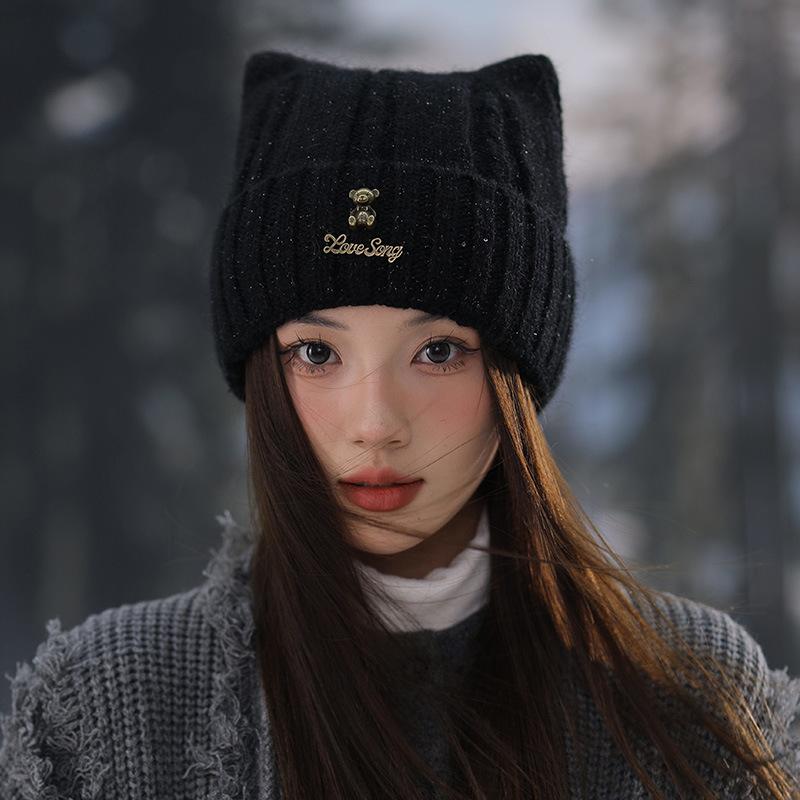 

Милая плюшевая вязаная шерстяная шапка с кошачьими ушками для женщин, осенне-зимняя, большая теплая шапка для защиты ушей one size чёрный