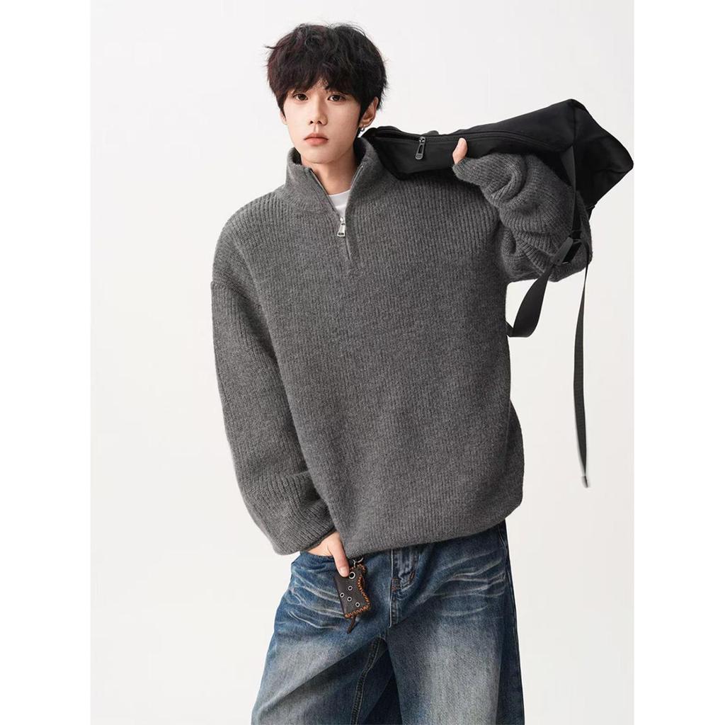 Men's Loose Knit Half-Zip Sweater - Solid Color, Stand-Up Collar, Cozy Autumn/Winter Pullover