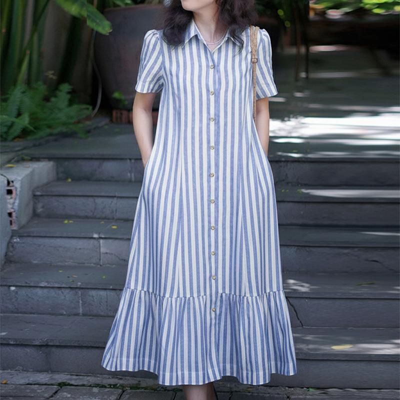 

ZANZEA Женское повседневное платье в полоску с отложным воротником и короткими рукавами синий