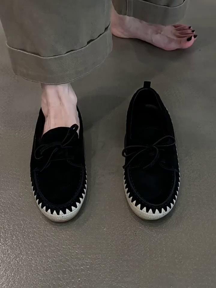 Sheepskin version~ retro suede round head flat bottom fisherman shoes women's 2025 new one-pedal lazy shoes loafers