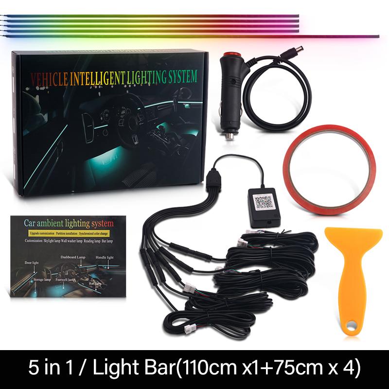 18 v 1 64barevné RGB Symphony Car Ambient Light Interiérové ​​akrylové vodítko LED páskové světlo Dekorace Atmosférická lampa pomocí ovládání aplikací