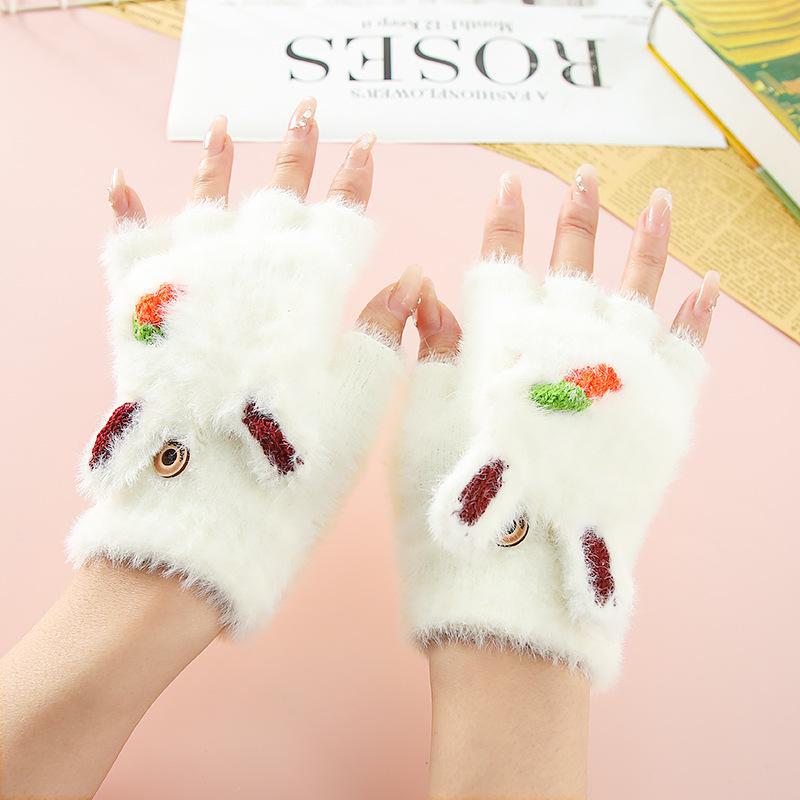Girls' Cartoon Carrot Flip-Open Plush Gloves - Half-Finger, Thick, Warm for Autumn/Winter