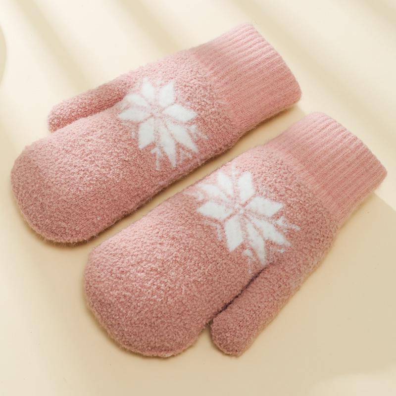 Korean-Style Cute Snowflake Lamb Wool Fingerless Winter Gloves: Thick, Warm, Double-Layered Mittens for Students.