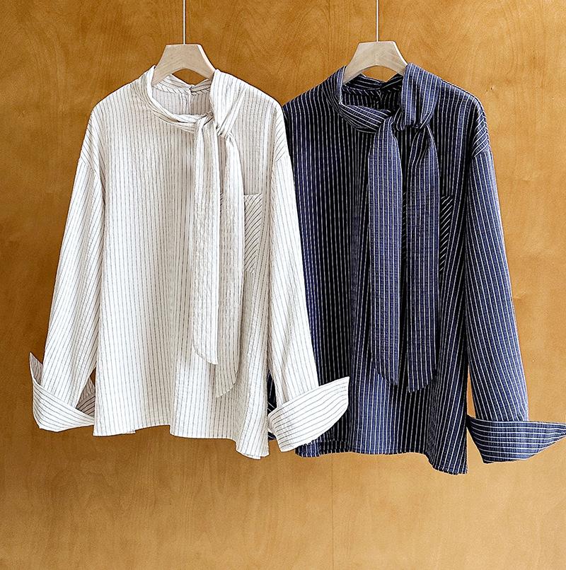 

Весенняя оранжевая корейского дизайна шнуровка полосатая свободная рубашка с длинным рукавом для женщин One Size