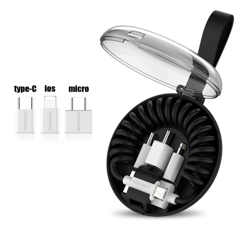 Portable Telescopic Spring Data Cable With Storage Box 3-in-1 Charging And Data Transfer Usb