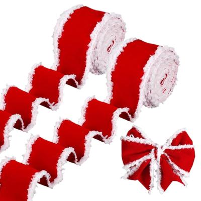 2 Rollen Weihnachts-RotSamtband mit weißem Quastenrand DIY Fliege Kranz für Weihnachten Halloween Thanksgiving Neujahr